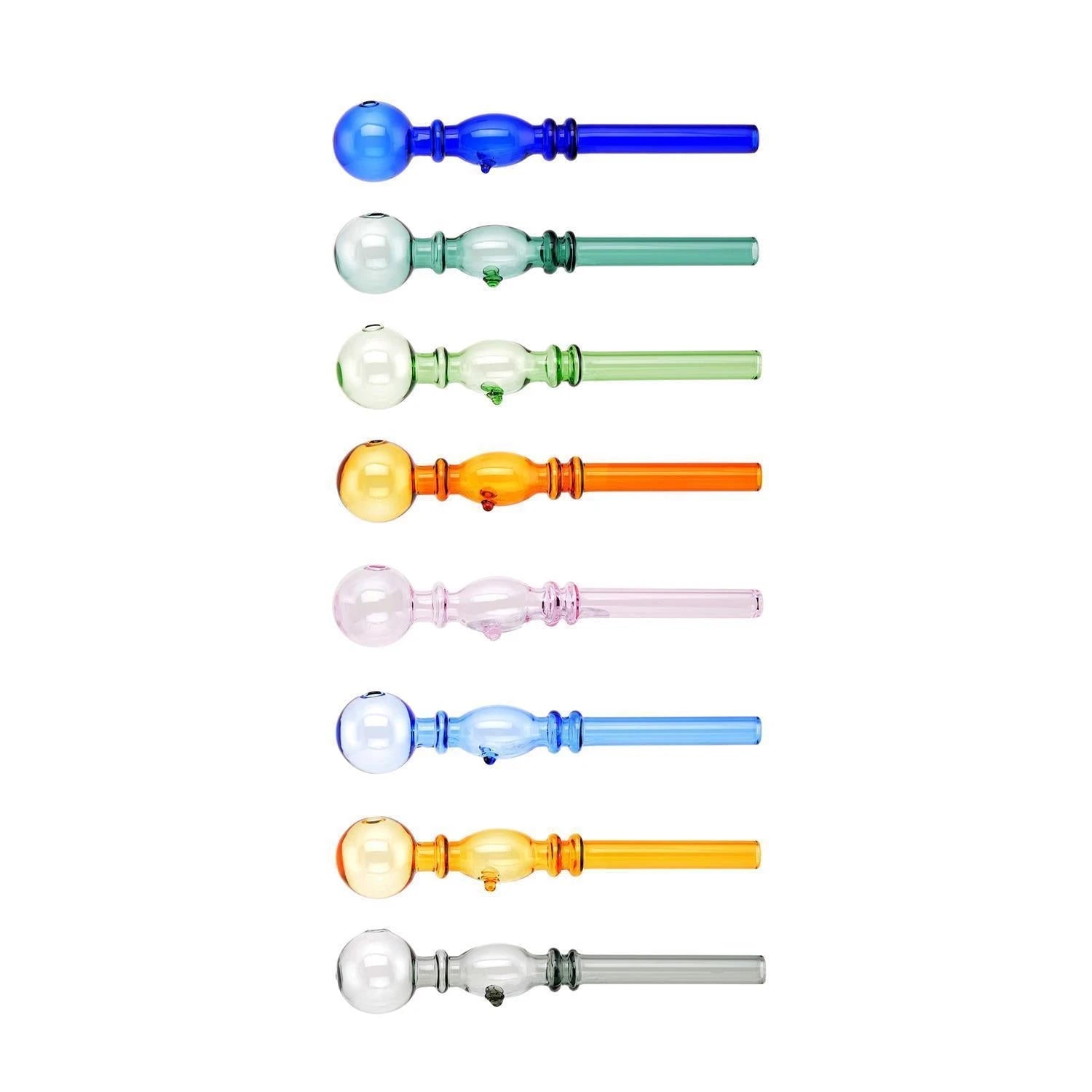 8 bunte Glaspfeifen mit rundem Kugelkopf übereinander: Blau, Mintgrün, Hellgrün, Orange, Rosa, Hellblau, Gelb und Grau, weißer Hintergrund